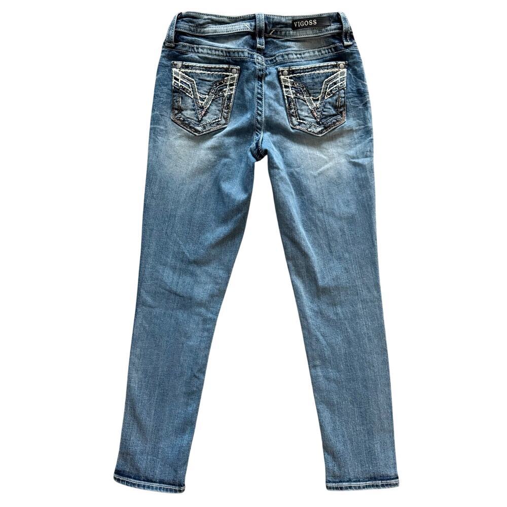 Vigoss‎ Jeans Womens Sz 2 Blue Capri Embroidered pockets Skinny Boho Low Rise